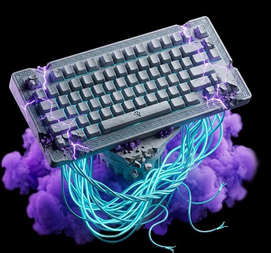 Mechanical keyboard wrapped in cyan light trails